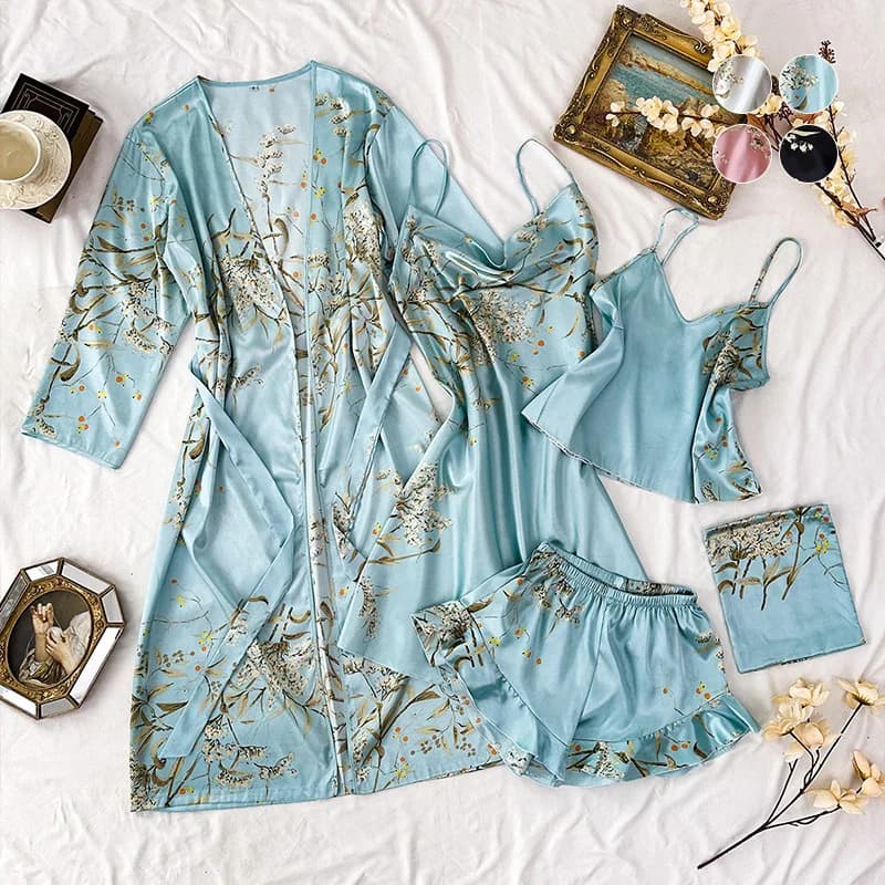 Women's four-piece pyjamas Set Night Shirt Lingerie Summer Satin Lingerie Women's Pigiama Kimono Dresses For Home