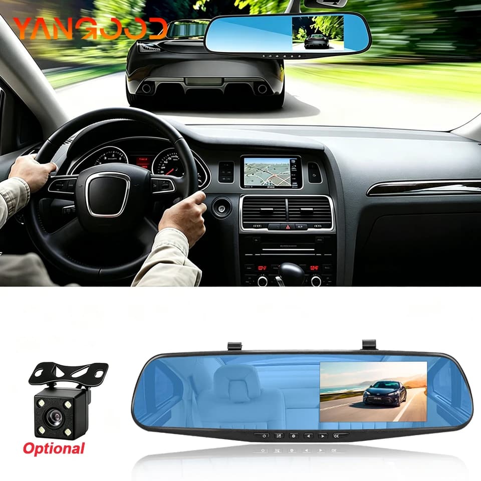 4.3'' Mirror DashCam 1080P HD Recorder Dual Lens Optional Rear Registered Camera For Cars Night Vision And Parking Assist Lines