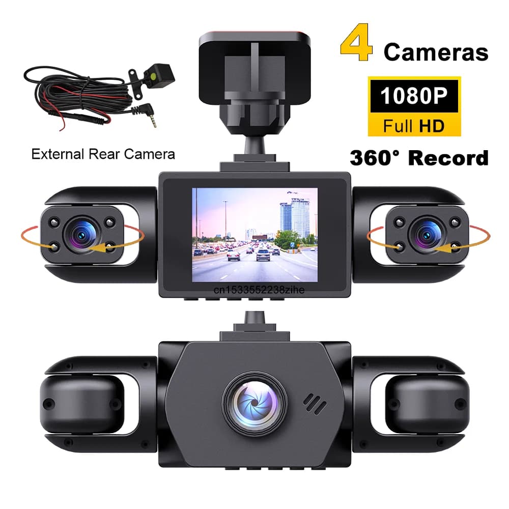 Dash Cam a 4 Telecamere 360° ° Registratore Video per Auto con Visione Notturna, Sensore G, Registrazione in Loop, Dashcam, Videocamera e Monitoraggio Parcheggio