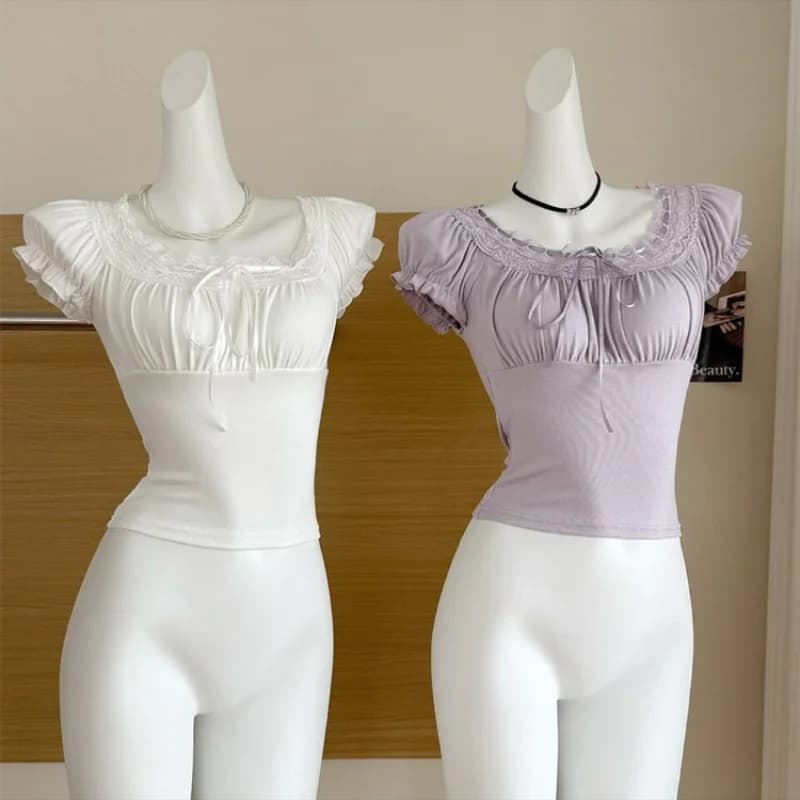 Casual White Knitted Lac Patched Female T-shirts Y2K Korean Style Slim Tie Up Shirring Summer Top Tee Folds Outfits