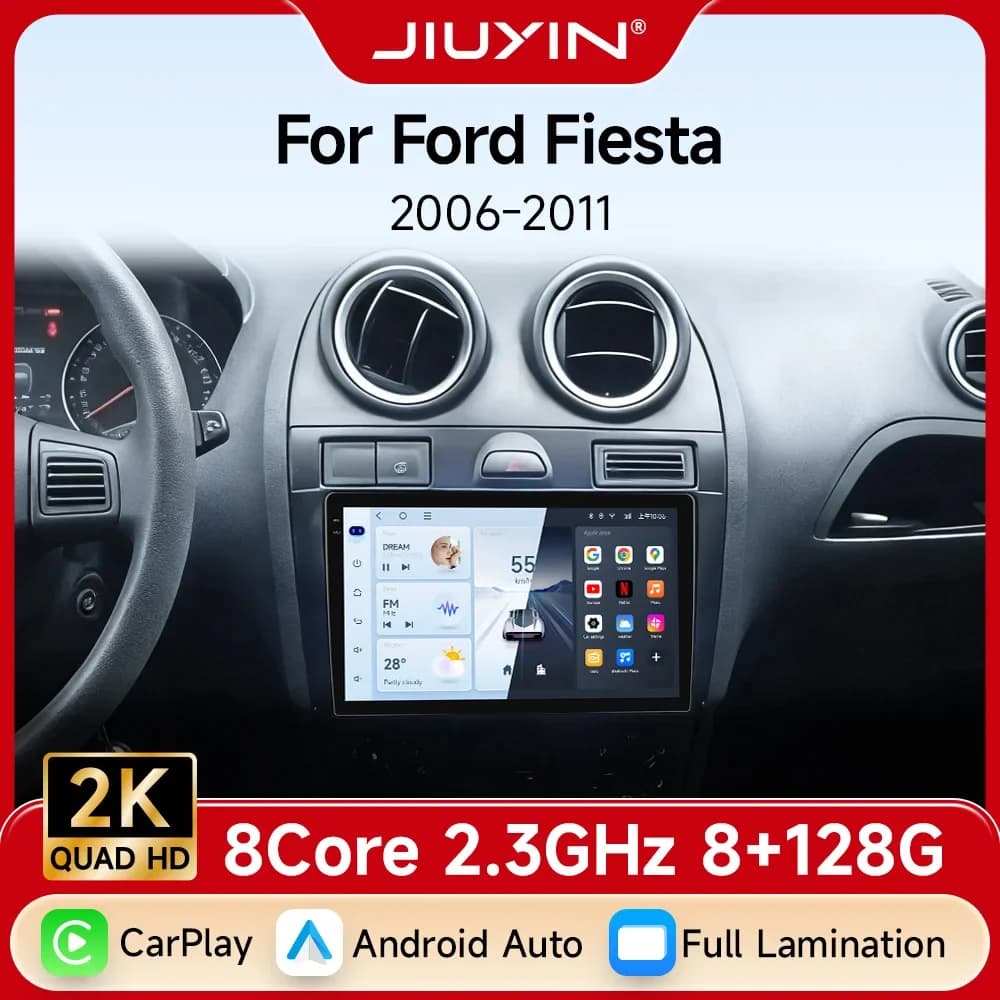 Autoradio Android 8Core JIUYIN per Ford Fiesta 2006-2011, Lettore Multimediale con Carplay, Android Auto, Controllo Vocale AI, Mirror Link