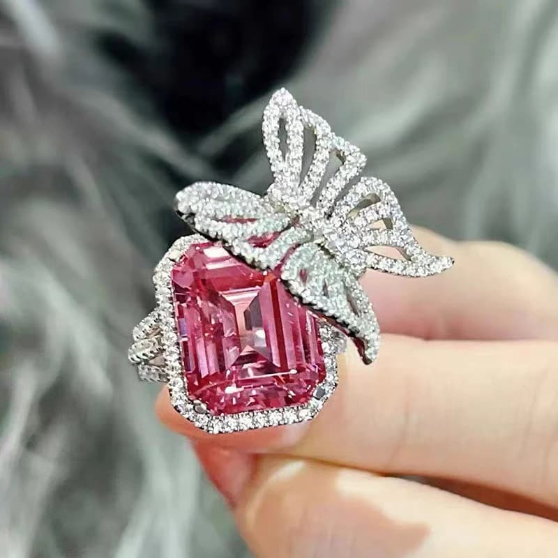 New in Luxury Pink Square gemstone Butterfly rings for women Trendy silver 925 Full Diamonds Ring Adjustable Wedding Jewelry