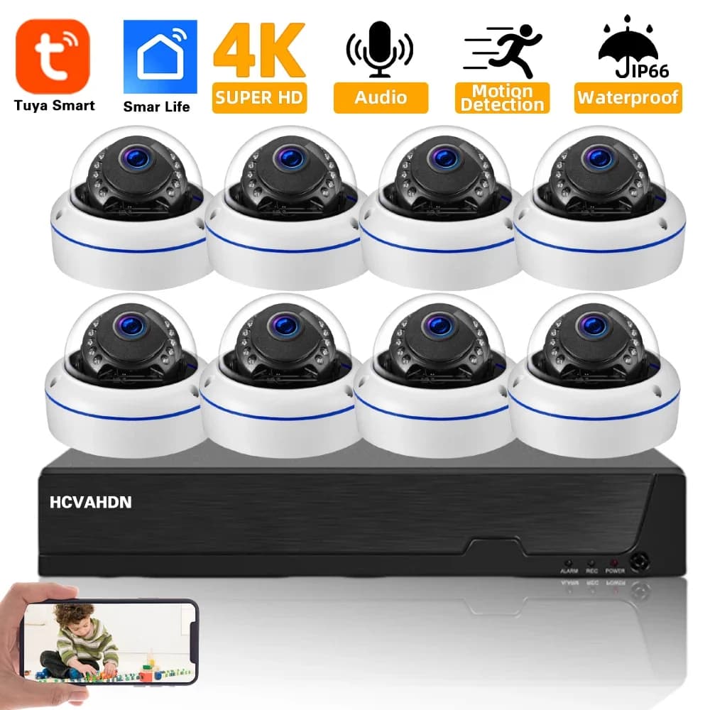 Sistema di telecamere di sicurezza POE Smart Life da 8 MP 4K Kit NVR POE impermeabile da esterno 8CH con cupola di rilevamento del movimento Sorveglianza domestica
