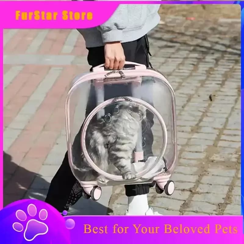 FurStarLightweight Cat Carriers Transparent Pet Stroller With Wheels Breathable Space Capsule For Small Cats And Dogs Rolling Pe