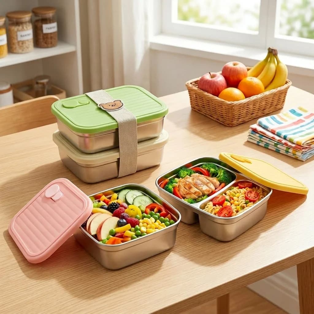 Microwavable 304 Stainless Steel Bento Lunch Box 1/2 Compartment Meal Prep Food Container Leakproof for Kids Students School