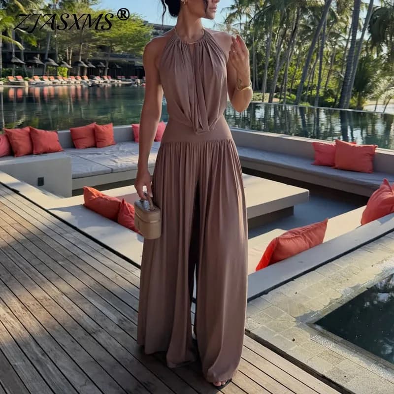 Completo Estivo da Donna per Vacanze, Sexy con Halter e Schiena Scoperta, Tuta Intera e Pantaloni Lunghi, Set Primaverile Elegante con Drappeggio, Outfit 2 Pezzi