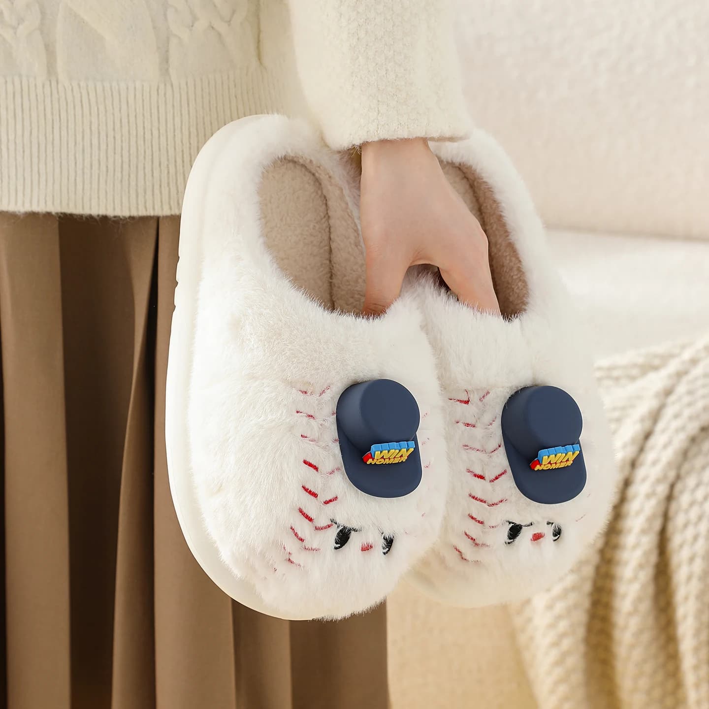 ZUOFU Unisex Cartoon Baseball Plush Slippers Warm EVA Sole Non-Slip Indoor Cotton Slippers for Autumn Winter