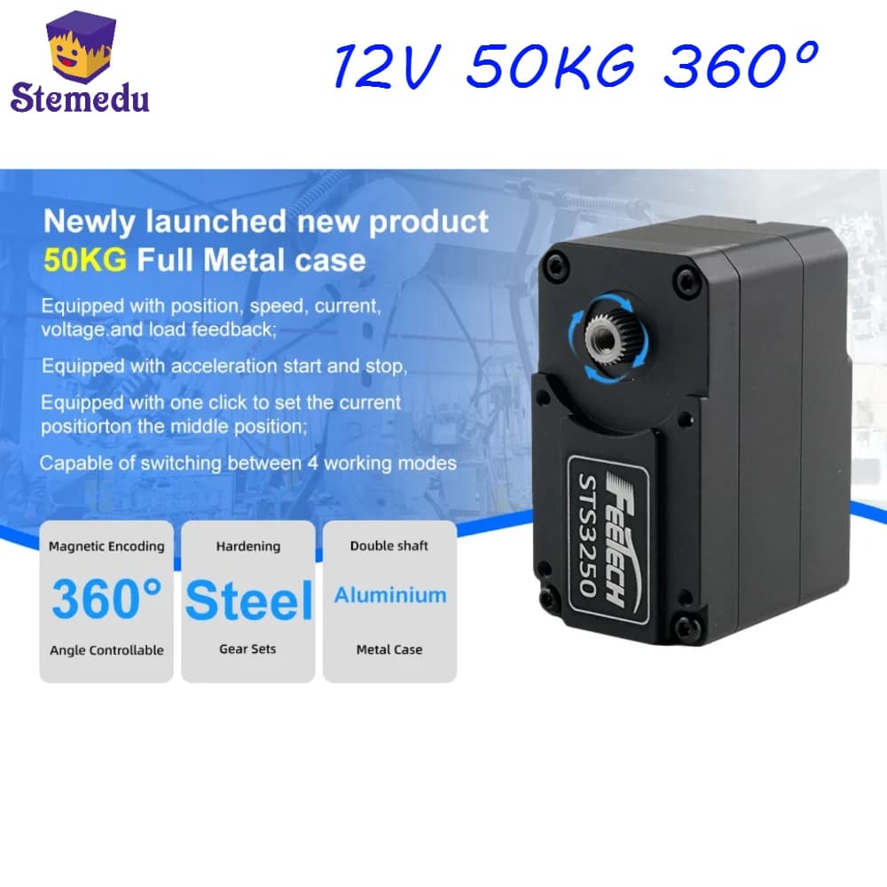 Servo Feetech STS3250 12V 50KG con Encoder Magnetico, Doppio Albero, Protocollo TTL, Rotazione 360 Gradi, Interamente in Metallo, con Feedback per Braccio Robotico