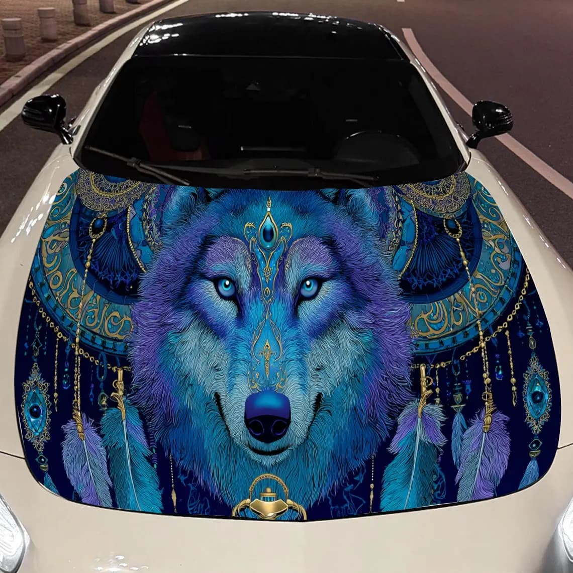 Wolves and Dreamcatcher Car Engine Hood Sticker, Auto Vinyl Wraps, Waterproof Self-adhesive Vehicle Decal, Durable & Anti-scratc
