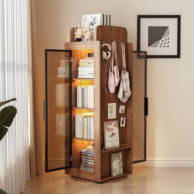Grado della libreria Armadietto ad angolo per libreria girevole Vetro per piccolo appartamento con lampada Armadietto per vino Vetrina