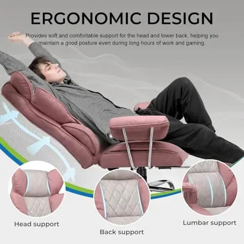 Sedia da gaming e da ufficio in tessuto rosa con supporto ergonomico per testa, schiena e zona lombare con molle insacchettate, morbida e fissa