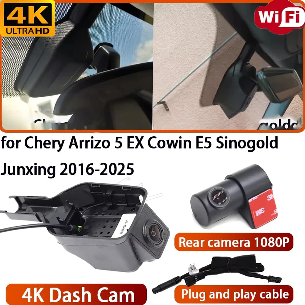 4K DVR Dash Cam recorder with Wi-Fi for Chery Arrizo 5 EX Cowin E5 Sinogold Junxing 2016-2025, 170° viewing angle camera and night vision