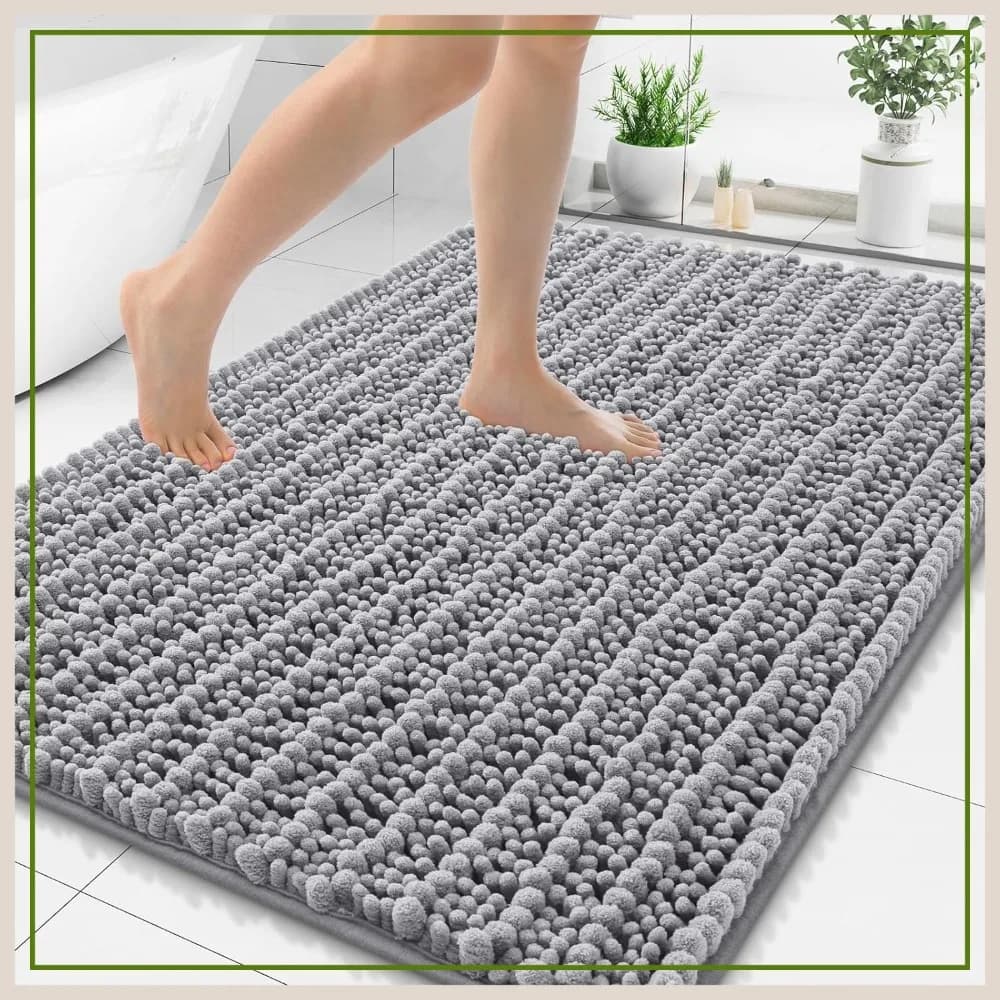 Tappetino da Bagno in Ciniglia Extra Morbido e Assorbente 48x32, Base Antiscivolo in Gomma, Lavabile in Lavatrice, Asciugatura Rapida, per Pavimento del Bagno, Vasca, Doccia, Grigio