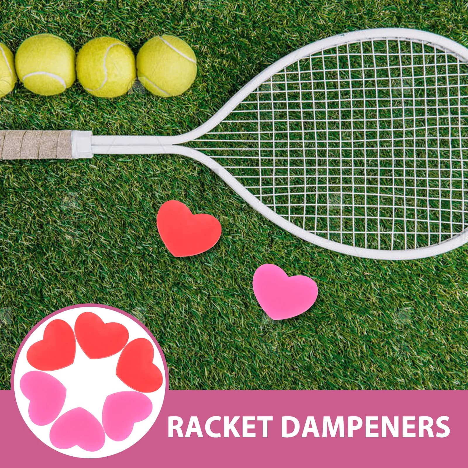 6 Silicone Soakers for Tennis Racks, Heart Shape Antivibrations, Stable Control, Easy Installation, Rose Red