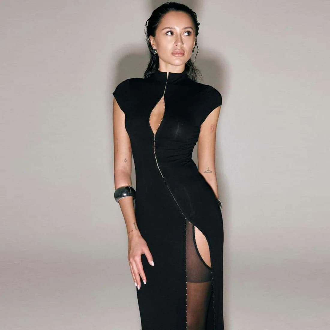 Women's Solid-Color Fall/Winter Dress — High-Slit, Mandarin Collar, Sexy Cut-Out, Bodycon Style