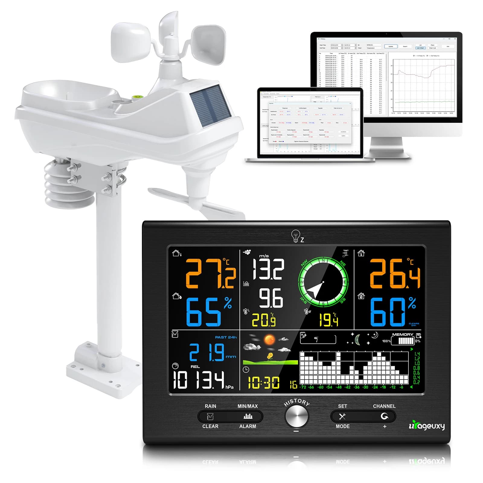 Wireless Weather Station with 150m Range, 18.5\" Color LCD Display, Speed Meter/Temperature/Umidity, PC Software, Home Alarm, Farm, Garden