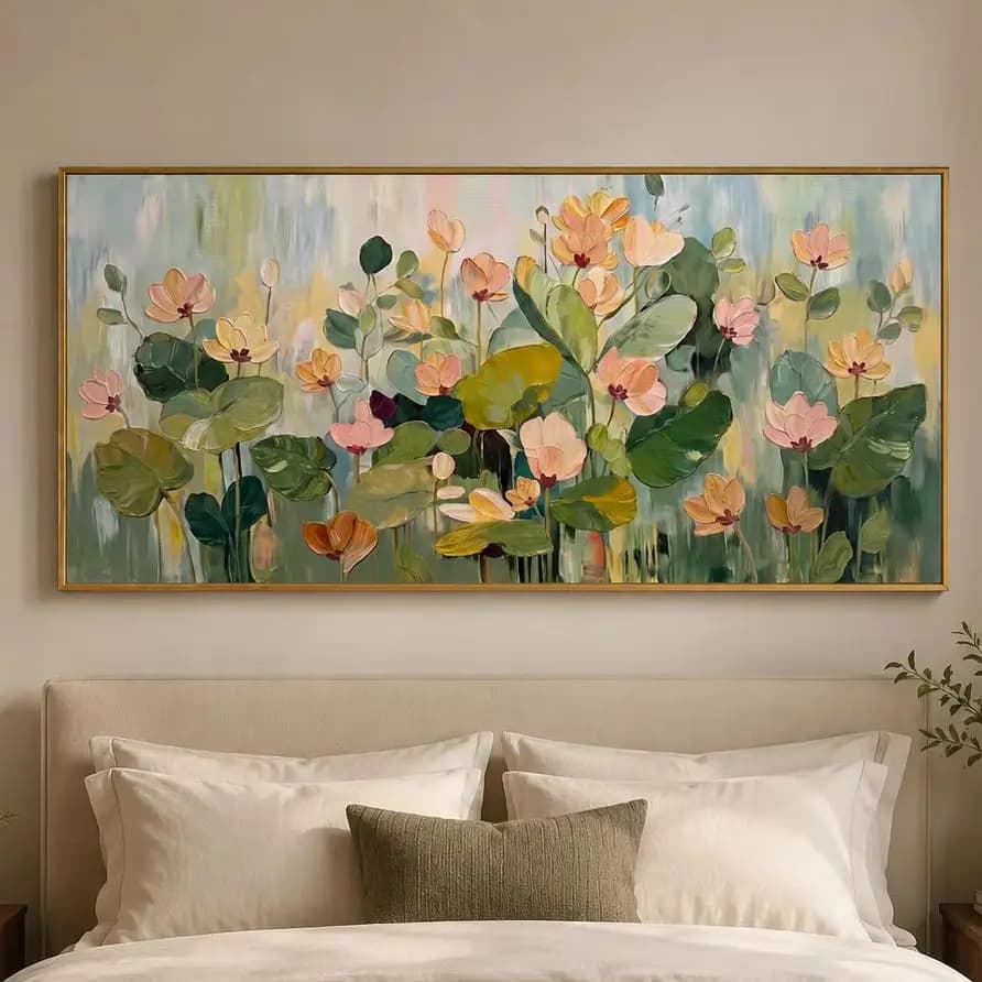 Endless Bloom – Modern Hand-Painted Horizontal Floral Oil Painting | Minimalist Living Room Wall Decor