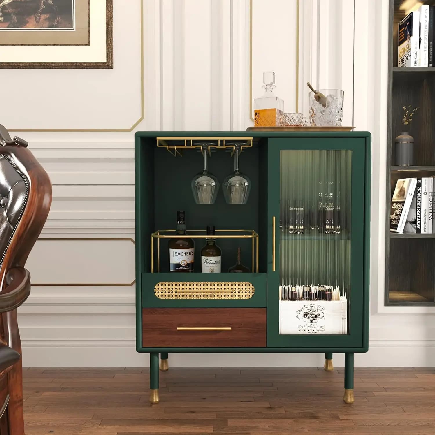 Mobile Bar Moderno con Portabicchieri e Cassetti, Mobiletto Verde per Liquori con Vano Portabottiglie Estraibile per Cucina