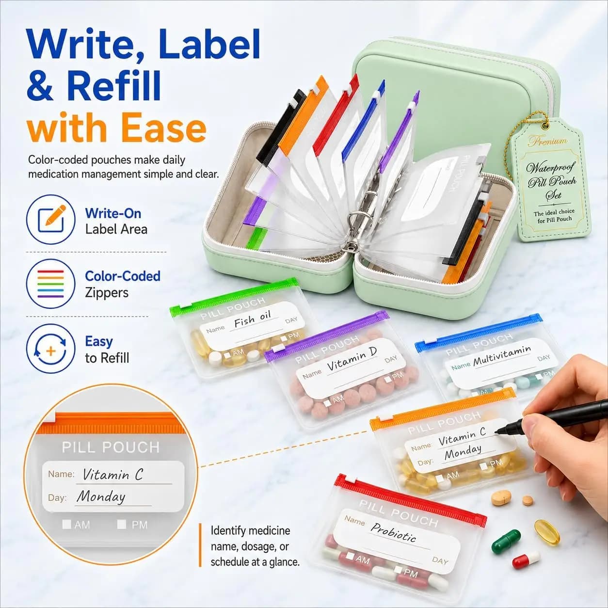 14Pcs Waterproof Pill Pouch Set with A8 Bags for Travel - Portable Flexible Organizer Case for Vitamins and Supplements