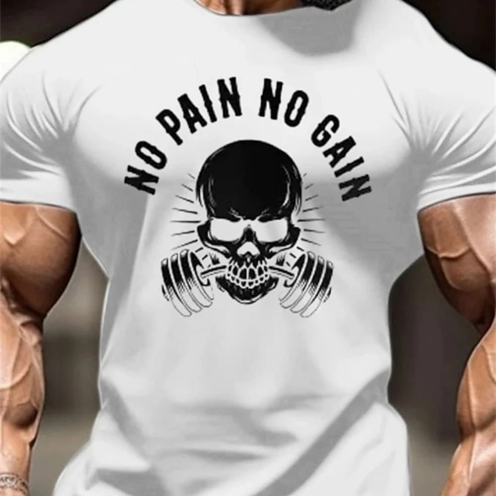 T-shirt con grafica No Pain No Gain Skull Dumbbell per gli appassionati di fitness, allenamento in palestra, abbigliamento casual