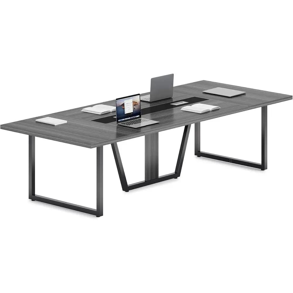 Elegante Tavolo da Conferenza in Legno per 8-10 Persone con Gestione Cavi, per Riunioni e Formazione di Grandi Dimensioni, Gambe in Metallo Robuste, Grigio Ufficio