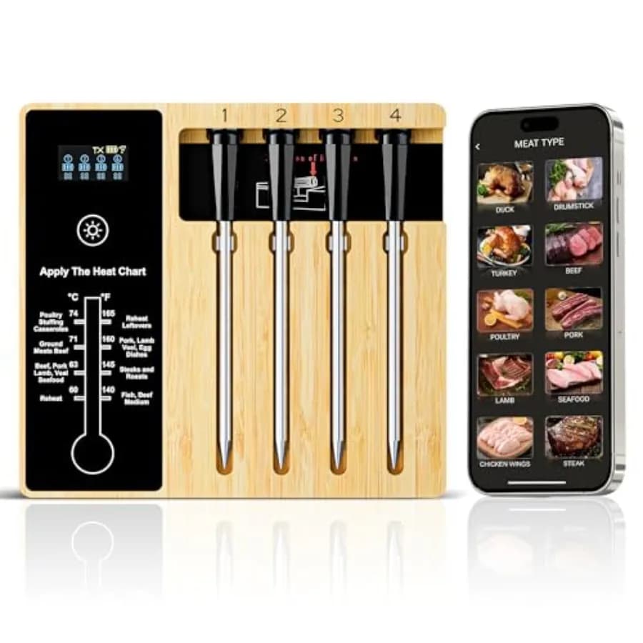 Termometro Intelligente Wireless per Carne con 4 Sonde, Termometro Bluetooth per Alimenti con Monitoraggio Remoto e Letture in Tempo Reale tramite App per iOS e Android