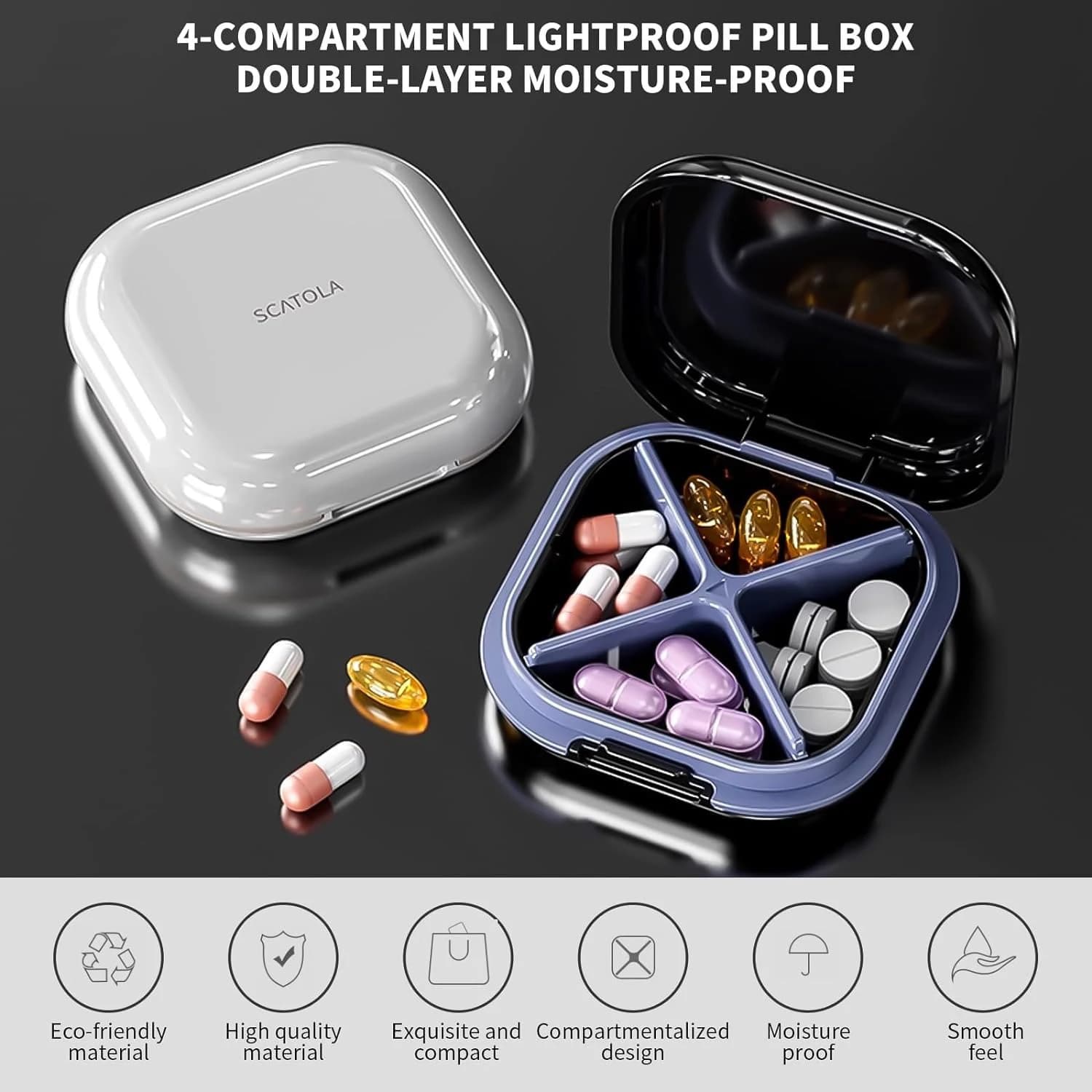 Organizer for 4 Grids pills Mini portable bag for daily travel tablet for medicines with container for cod liver oil supplements and vitamins