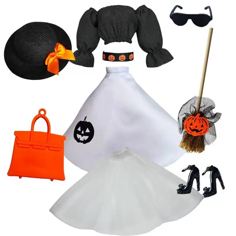 Halloween-themed Off-the-shoulder Top+Skirt+ Shoes+handbag+Hat+Broom Set For 1/6 Babi Xianxian Supermodel Doll Cosplay Dress Up