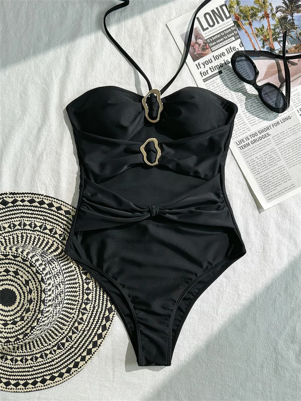 Sexy Hollow Out Black Bikini Metal Trim Backless Bandeau Swimming Suit Women One-piece Swimsuit String Swimwear Vacation Outfits