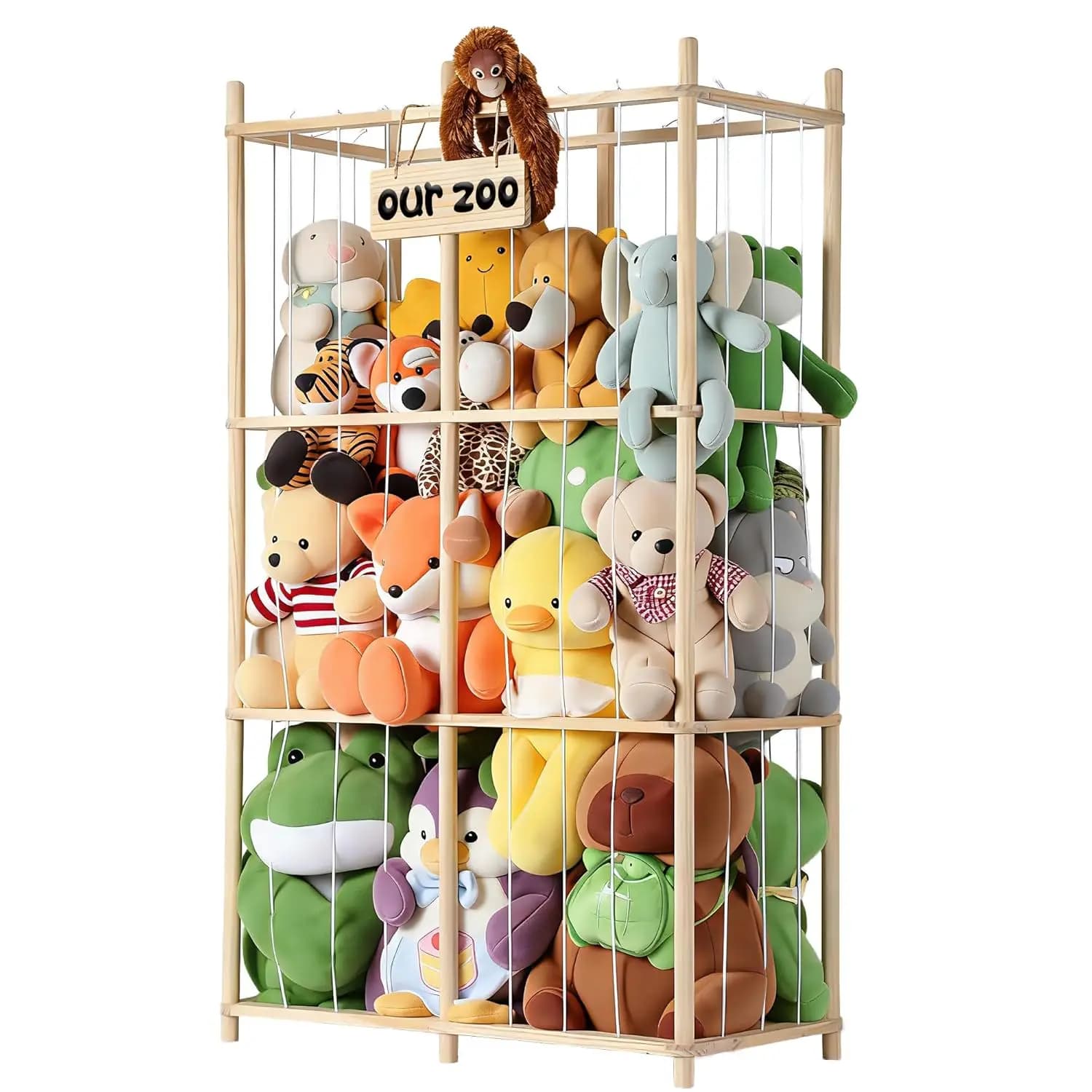 Grande Organizzatore in Legno per Peluche con Corde Elastiche, Gabbia per Giocattoli a Doppia Capacità per Sala Giochi, Camera da Letto, Asilo Nido