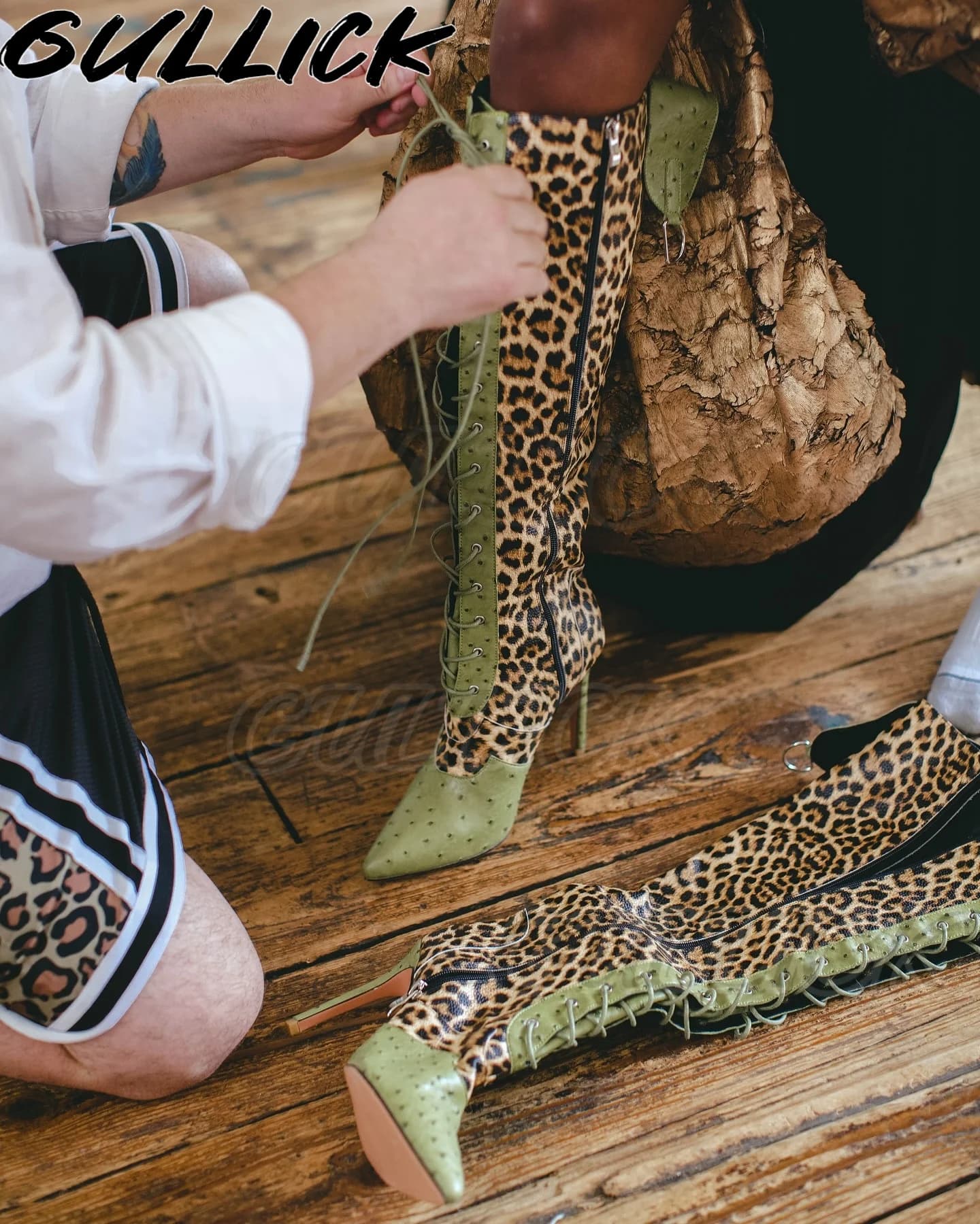 Luxury Green Patchwork Boots Print Leoped Pointed Toe Pumps Knee Boots Mixed Color Stringed Women's Sexy Signed Shoes