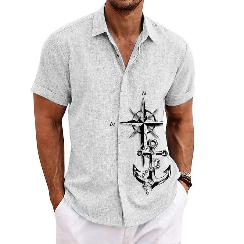 Men's shirt texture short sleeved shirt sailing style compass boat anchor print shirt loose beach vacation men's clothing