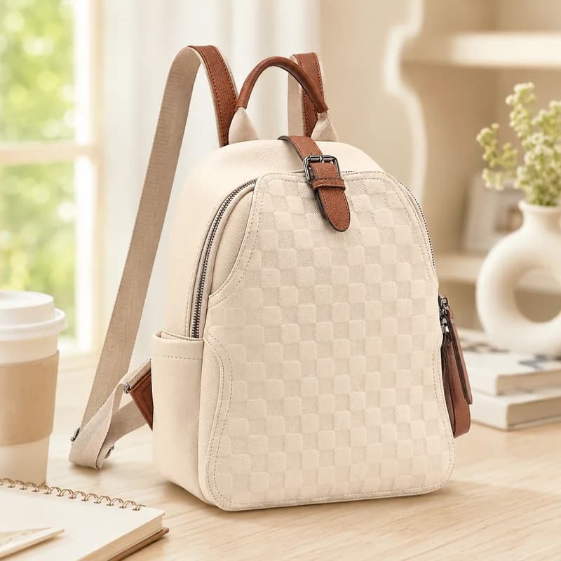 Cute Mini Backpack for Girls, Lightweight Cream Checkered Small Backpack, Stylish Everyday Purse Bag for School, Travel, Shoppin