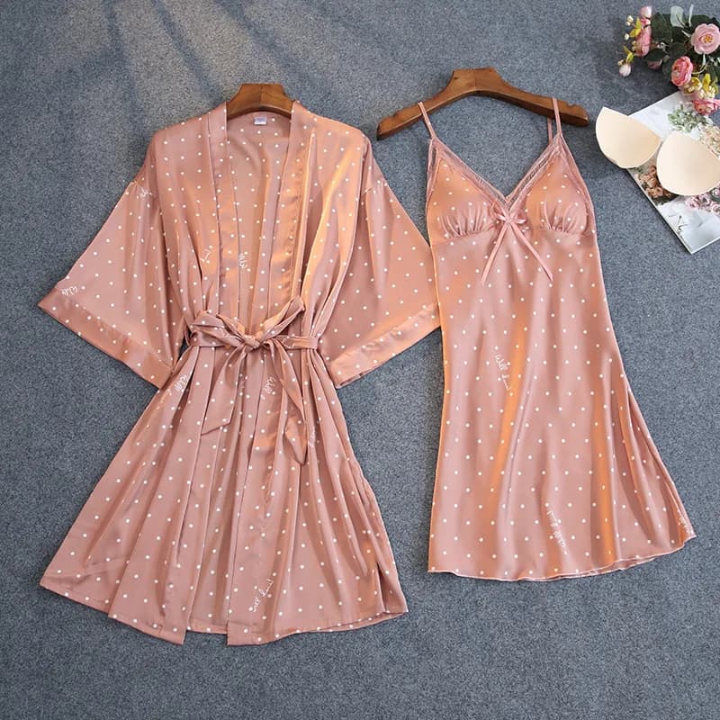 Set 2 Pezzi Camicia da Notte e Vestaglia Estiva, Completo Lingerie in Pizzo, Abito da Casa in Raso, Pigiama Femminile, Vestaglia Kimono, Abbigliamento per il Relax