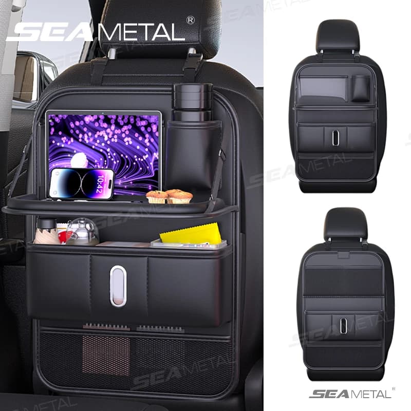 SEAMETAL Organizzatore per auto multitasche con vassoio pieghevole Borsa portaoggetti per schienale per seggiolino auto tutto in uno Porta fazzoletti Anti-calcio per bambini