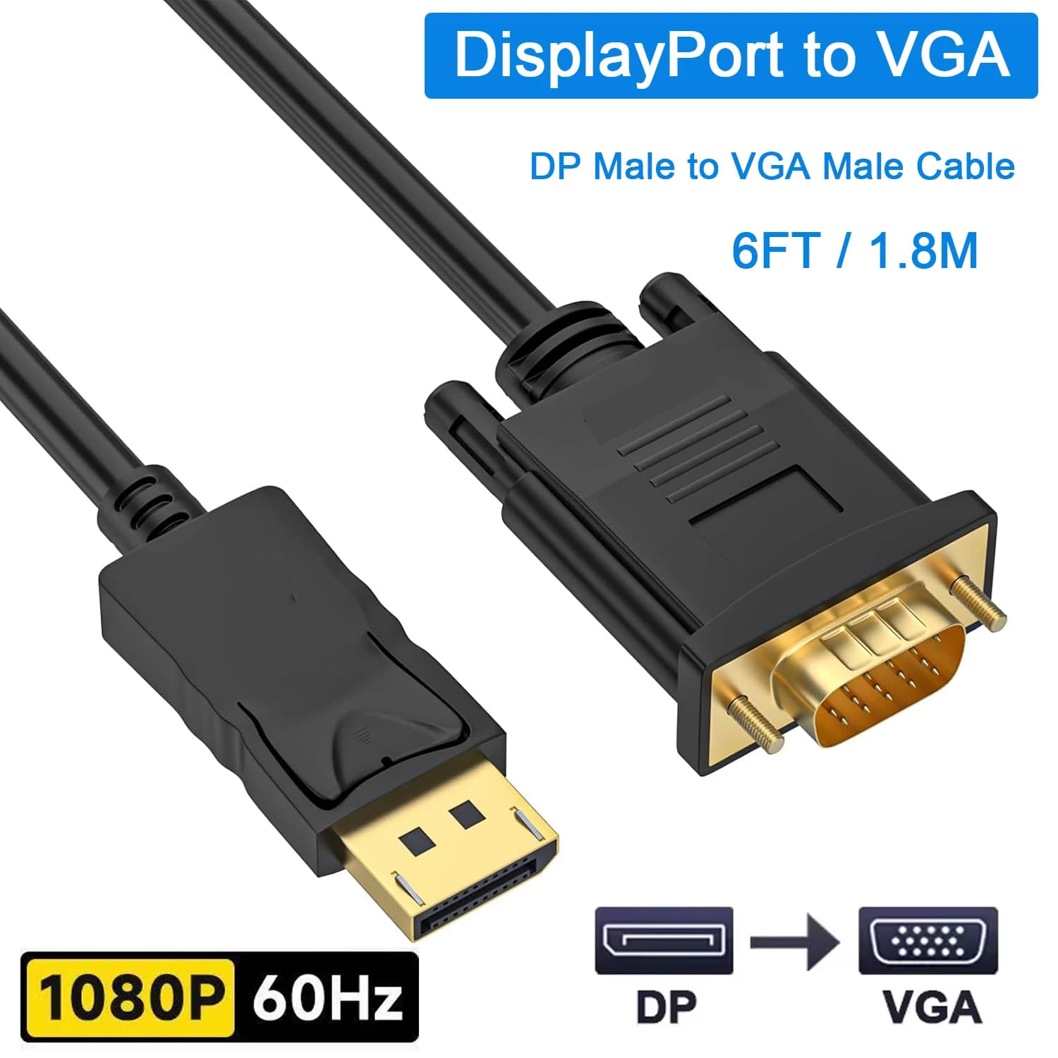 Adattatore da DisplayPort a VGA, VGA Cavo DP da 6 piedi Collega la porta Proiettore per monitor portatile desktop con adattatore da VGA a Displayport