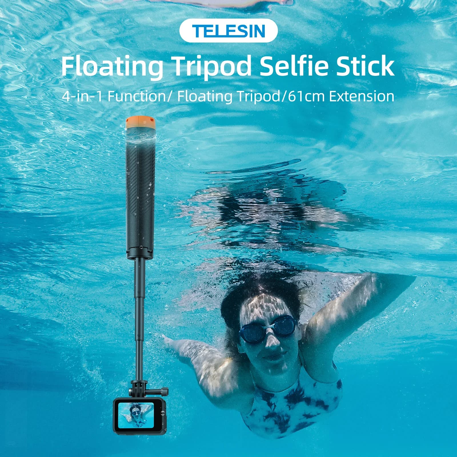 TELESIN Asta Galleggiante Estensibile per Immersioni Subacquee, Treppiede Selfie Stick per Fotocamere Action Gopro Insta360 DJI OSMO - Accessori