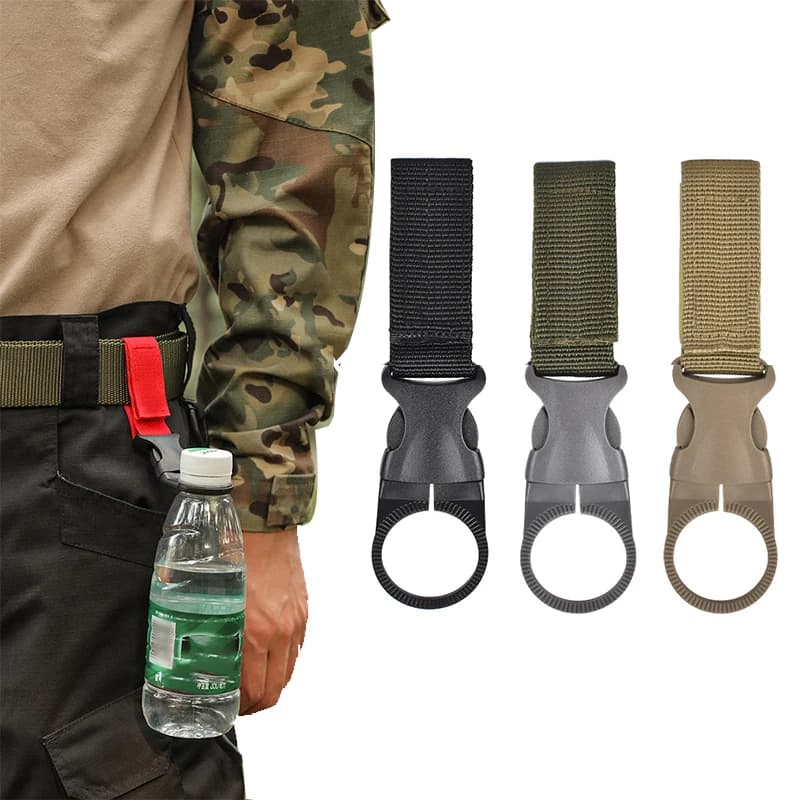 Fibbia Molle Bottiglia d'acqua Moschettone Clip Fettuccia Cintura di fissaggio Zaino Portachiavi appeso per escursioni in campeggio