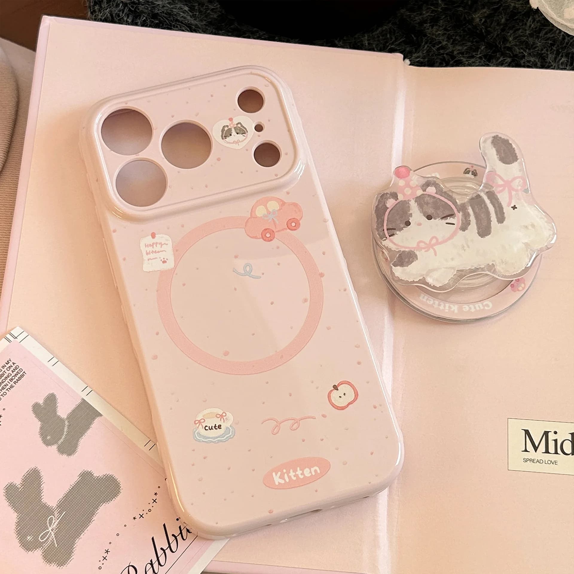 Custodia per telefono coreana rosa a pois con gattino cartone animato e supporto magnetico per iPhone 17 16 15 14 13 12 Pro Max, cover morbida antiurto