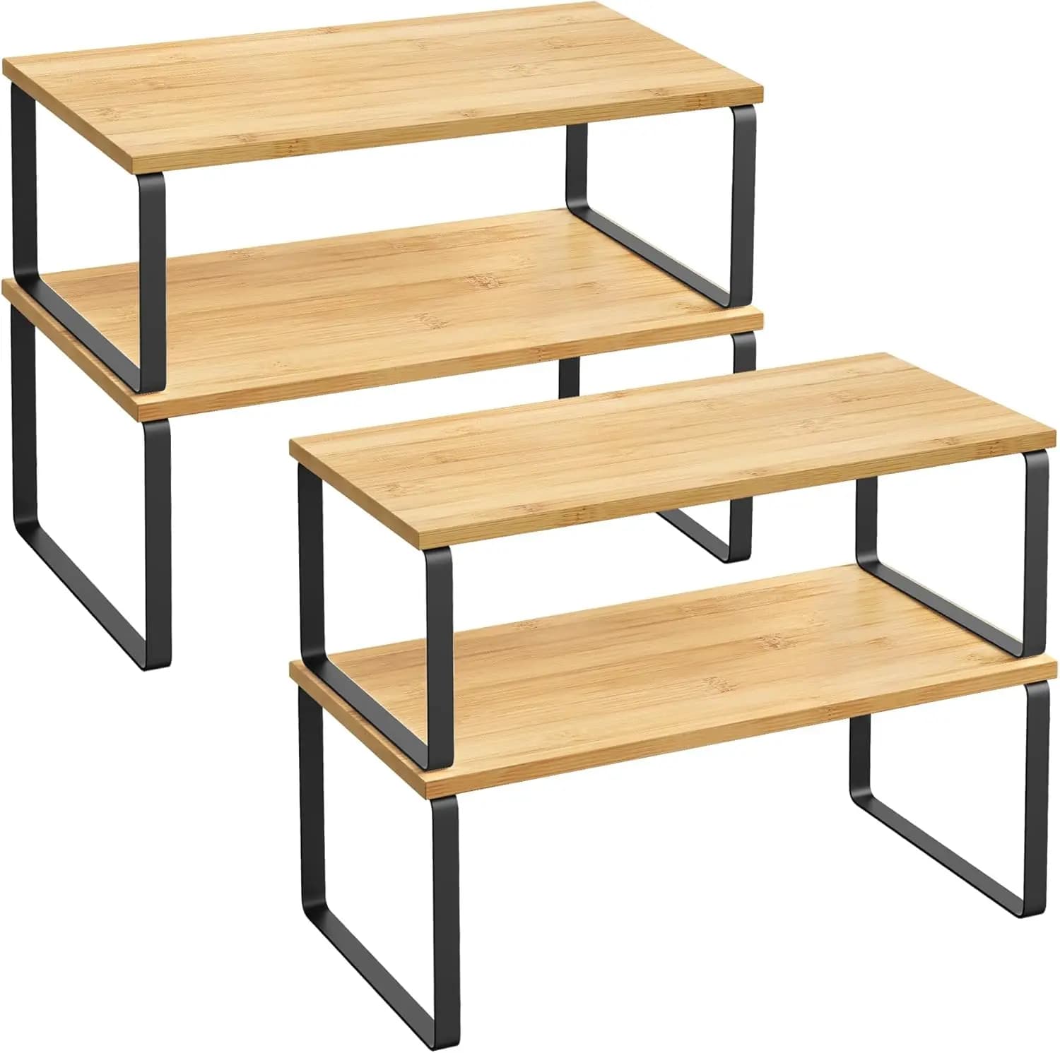 Set di 4 Mensole Impilabili per Cucina, Porta Spezie Espandibile, Organizzatore in Metallo e Legno, Nero e Beige