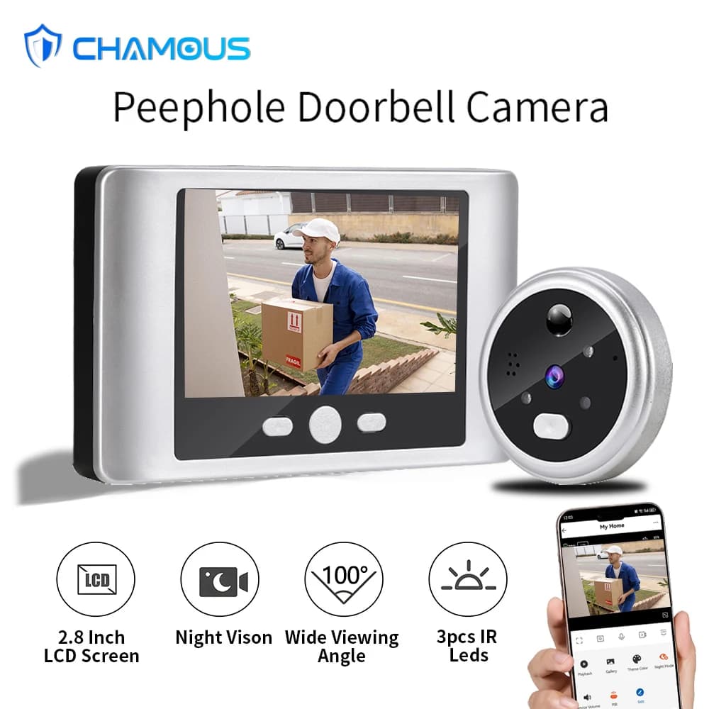 Campanello video WiFi da 3 MP Spioncino per porta con schermo LCD da 2,8 pollici 100 ° Telecamera per visore wireless con rilevamento del movimento PIR grandangolare