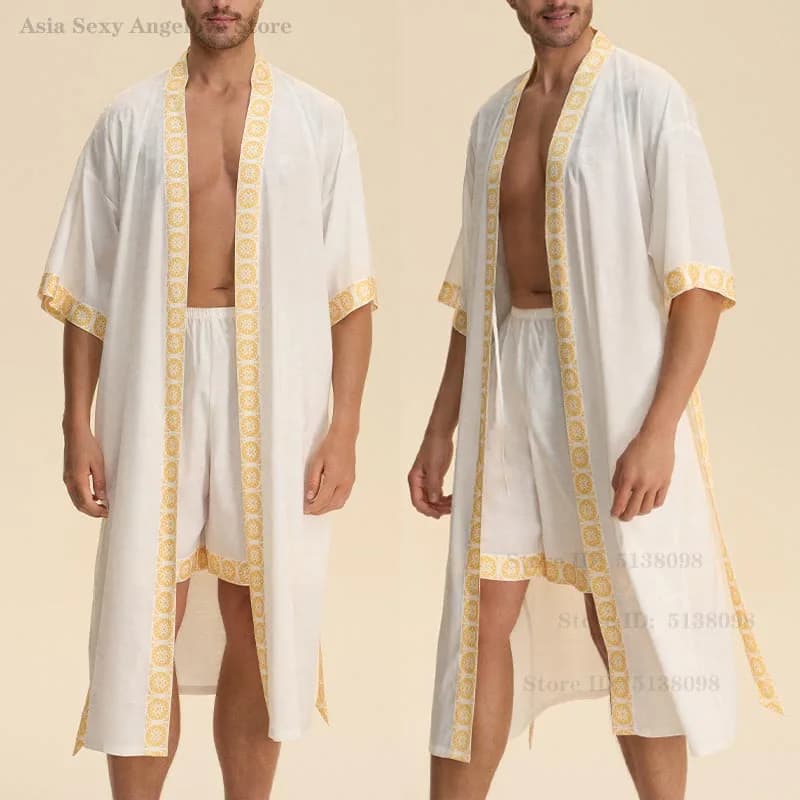 Spring Summer New Bathrobe Pantaloncini Pigiama Set Men's Satin Maschile Nightwear Coached Homewear Pigiama Dress 2 pieces