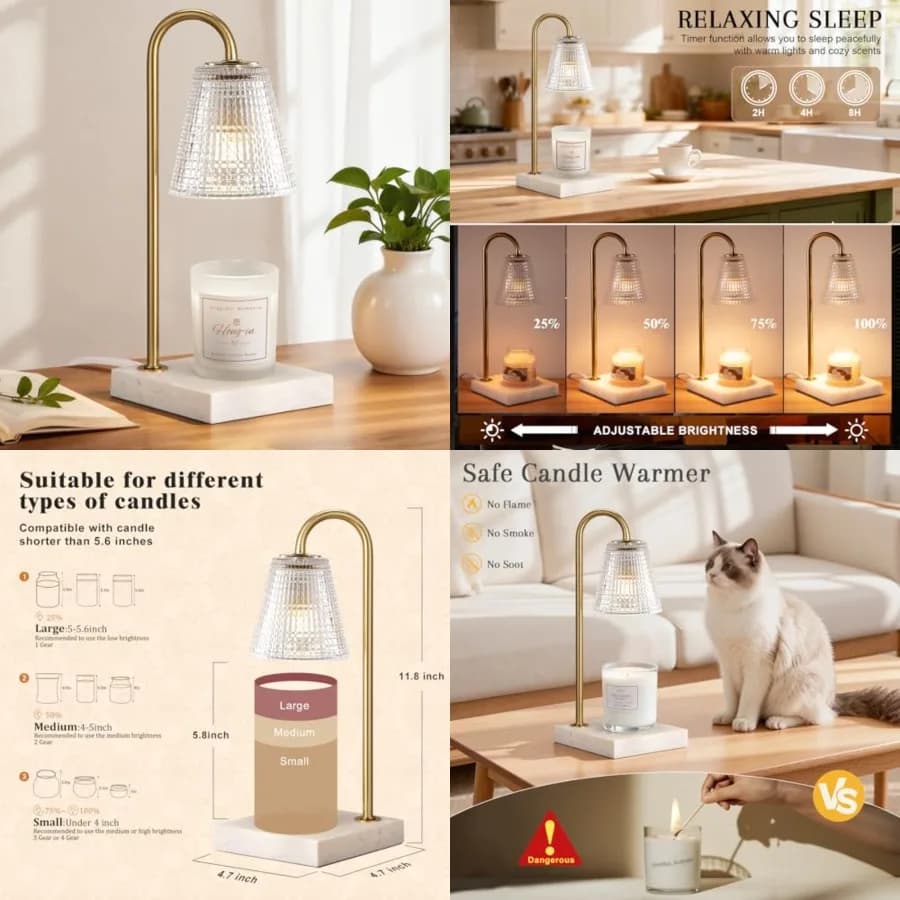 Lampada Scaldacandele Moderna in Oro e Marmo con Paralume in Vetro Texturizzato, Elegante Lampada a Candela per Camera da Letto, Soggiorno, Cucina, Lussuosa