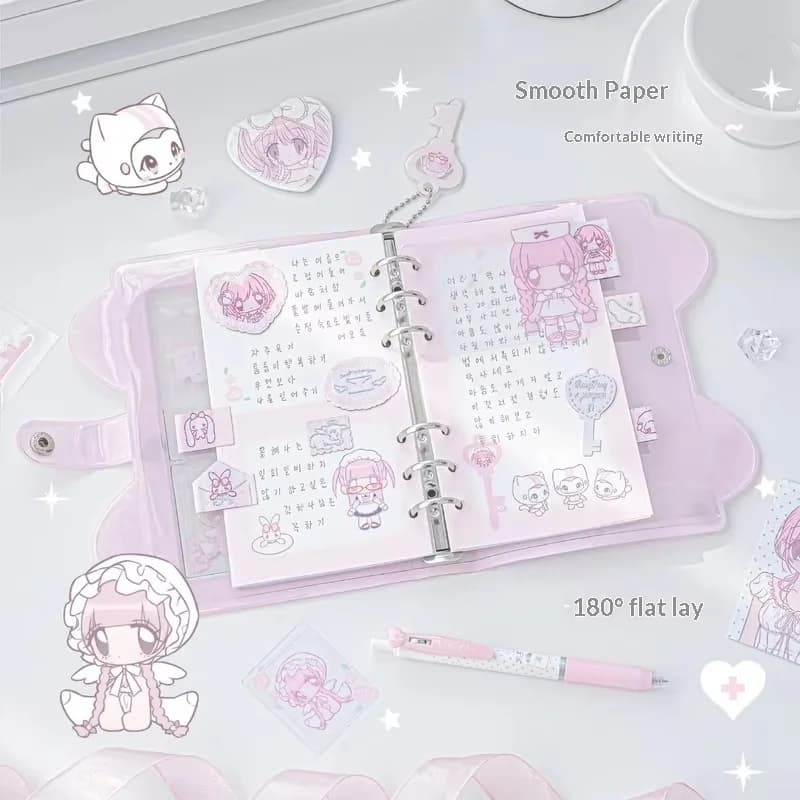 Quaderno a Fogli Mobili A6 con Orecchie di Gatto RosyPosy, Stile Coreano Carino con Pois Rosa Trasparenti per Giovani Donne