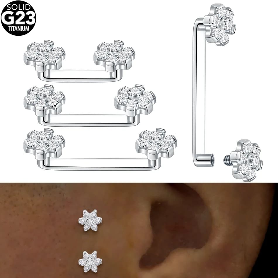 1 pz Piercing a barra in titanio con fiore e zirconi CZ, micro dermal anchor, gioielli per il corpo alla moda