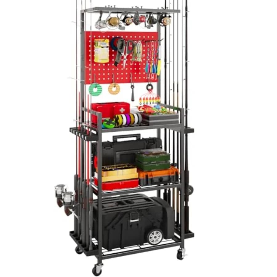 Fishing rack for Garage, Rastrelliera Canne with Hooks and Wheels, Organizer for Fishing Rods, Box for Equipment and Mulinelli