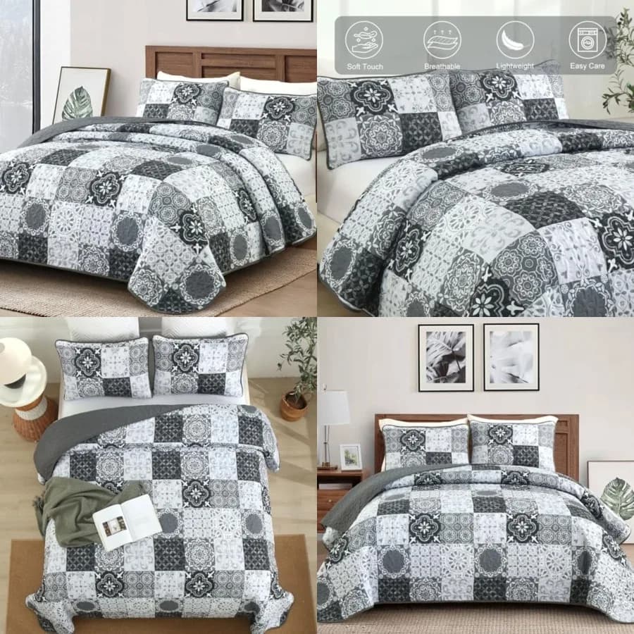 Set Copriletto Boho a Quadri, Set Copriletto Patchwork, 3 Pezzi in Morbida Microfibra Leggera, Set Biancheria da Letto Stile Fattoria