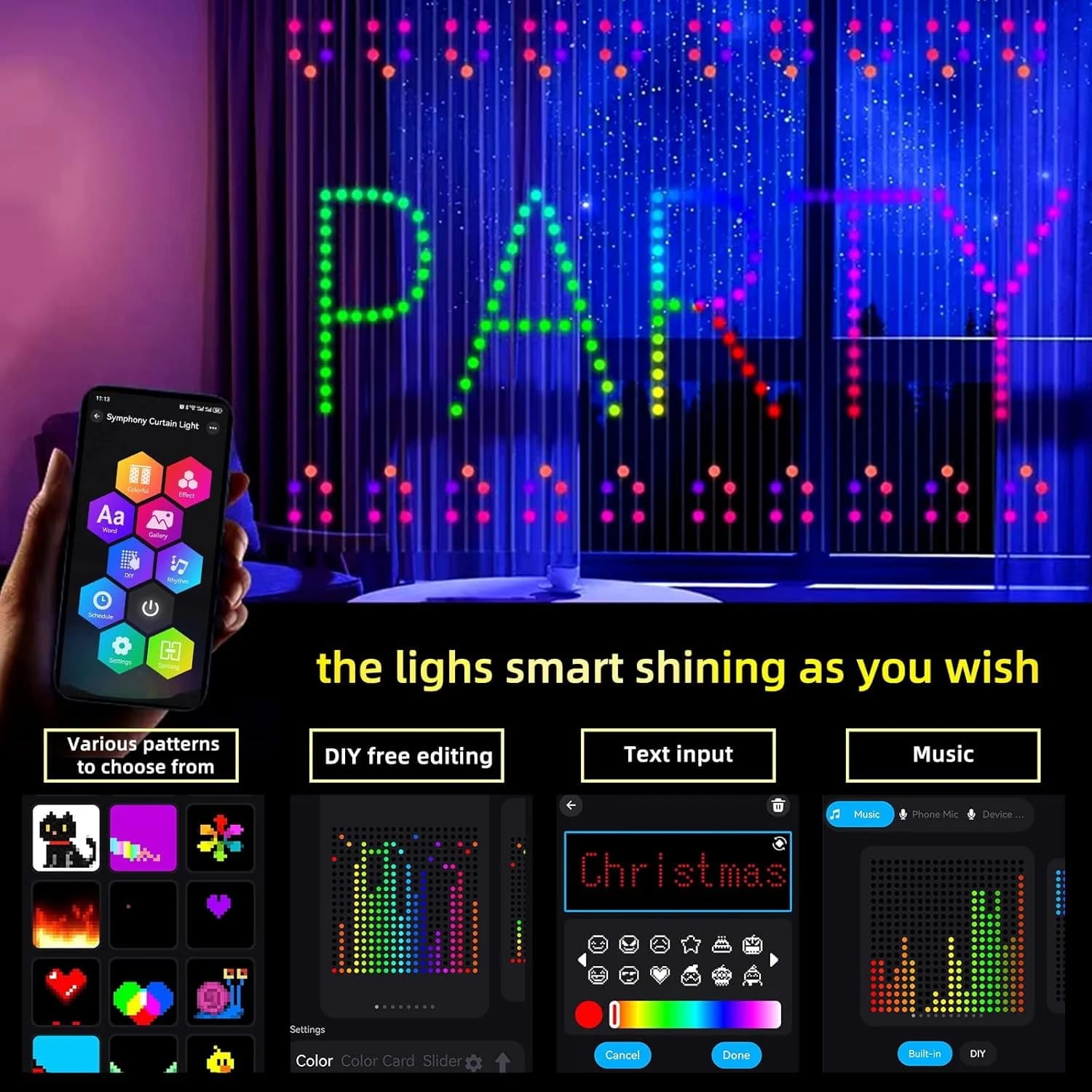 Smart RGB Curtain Lights App Bluetooth Do-it-yourself LED String Light Waterproof USB Plug Light Pattern Text Model Party Room Decorations