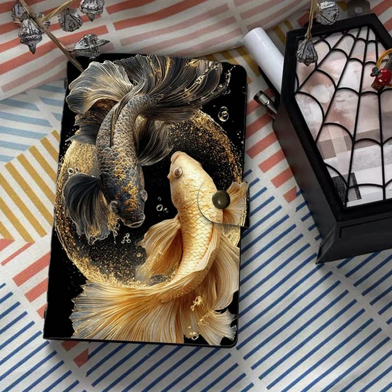 Elegant Yin Yang Koi Fish Pattern PU Leather A6 Notebook 6 Ring Binder Journal Lucky Fish Art Agenda Diary with Snap Closure Sta