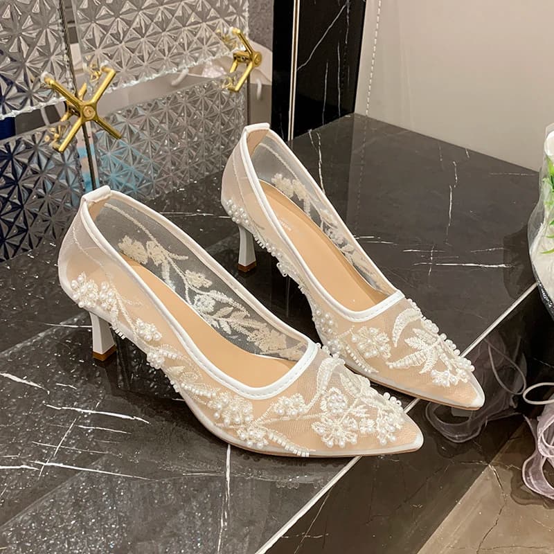 Sandali con Tacco Alto da Donna, Eleganti e di Lusso, con Ricamo a Rete e Perline, Punta Affusolata, Scarpe da Sposa di Design